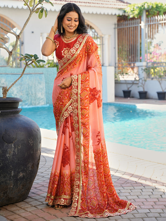 Women's Chiffon Bandhani Saree With Unstitched Blouse Piece