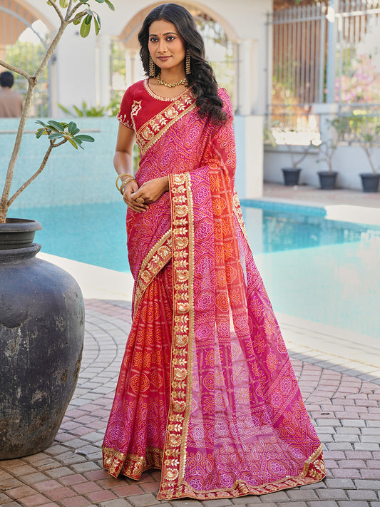 Women's Chiffon Bandhani Saree With Unstitched Blouse Piece