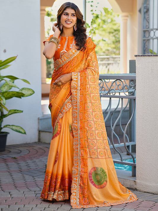 Women's Chiffon Bandhani Saree With Unstitched Blouse Piece