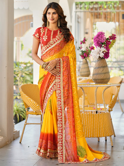 Women's Chiffon Bandhani Saree With Unstitched Blouse Piece
