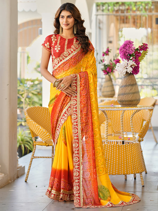 Women's Chiffon Bandhani Saree With Unstitched Blouse Piece