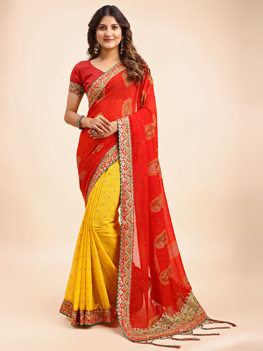 Women's Chiffon Bandhani Saree With Unstitched Blouse Piece