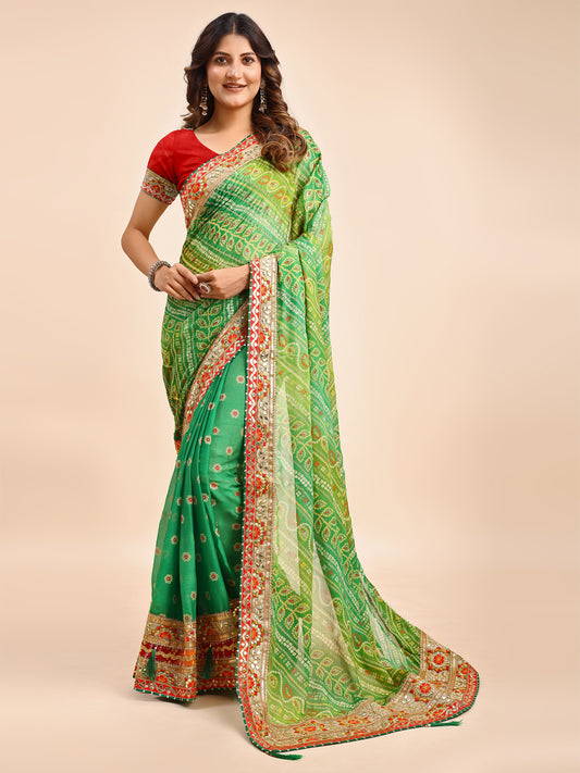 Women's Chiffon Bandhani Saree With Unstitched Blouse Piece