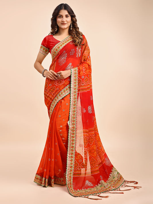 Women's Chiffon Bandhani Saree With Unstitched Blouse Piece