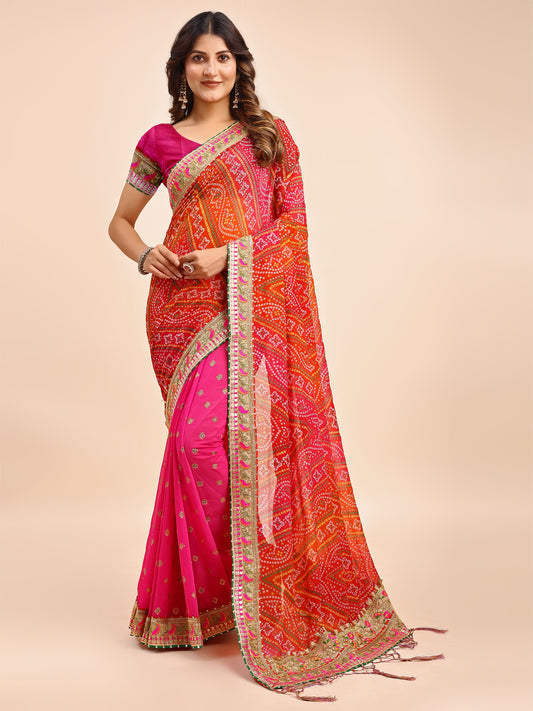Women's Chiffon Bandhani Saree With Unstitched Blouse Piece