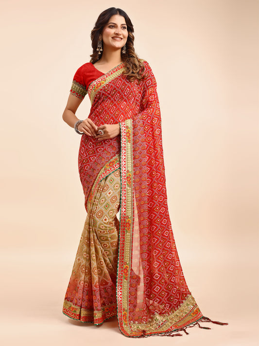 Women's Chiffon Bandhani Saree With Unstitched Blouse Piece