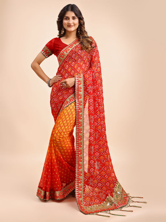 Women's Chiffon Bandhani Saree With Unstitched Blouse Piece