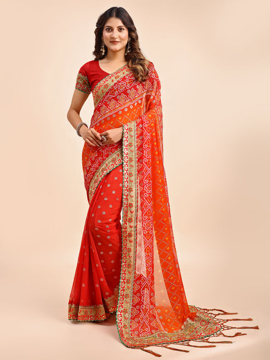 Women's Chiffon Bandhani Saree With Unstitched Blouse Piece