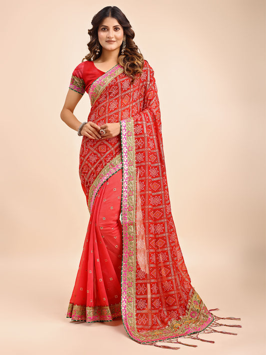 Women's Chiffon Bandhani Saree With Unstitched Blouse Piece