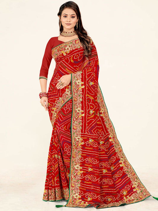 Women's Georgette Bandhani Saree With Unstitched Blouse Piece