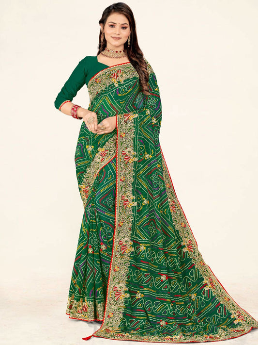 Women's Georgette Bandhani Saree With Unstitched Blouse Piece