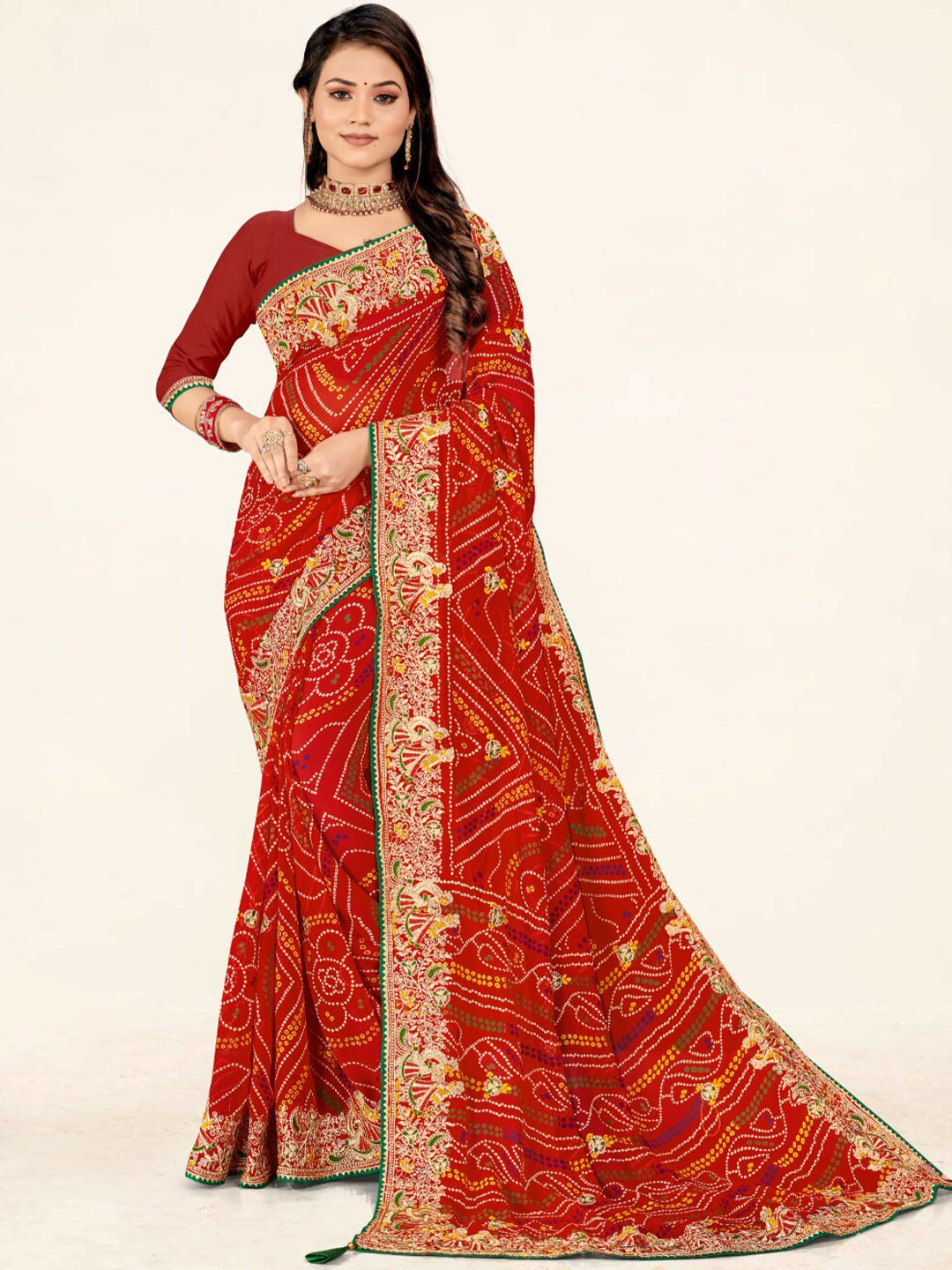 Women's Georgette Bandhani Saree With Unstitched Blouse Piece