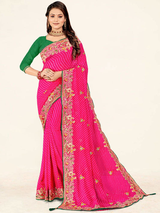 Women's Georgette Bandhani Saree With Unstitched Blouse Piece