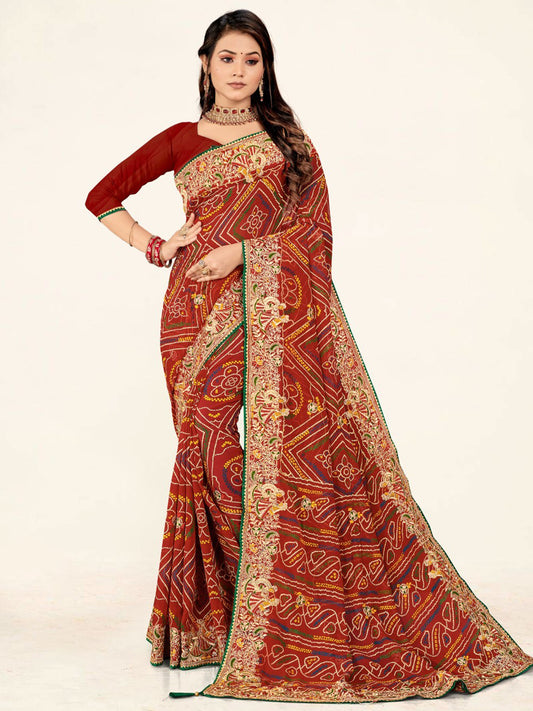 Women's Georgette Bandhani Saree With Unstitched Blouse Piece