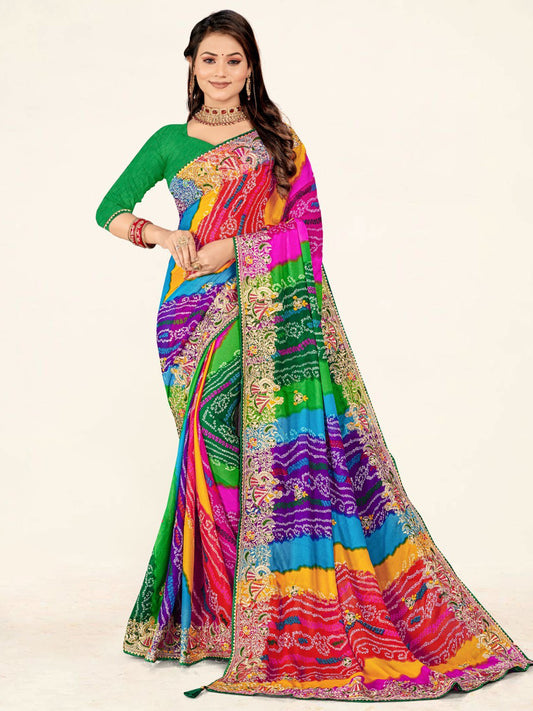 Women's Georgette Bandhani Saree With Unstitched Blouse Piece