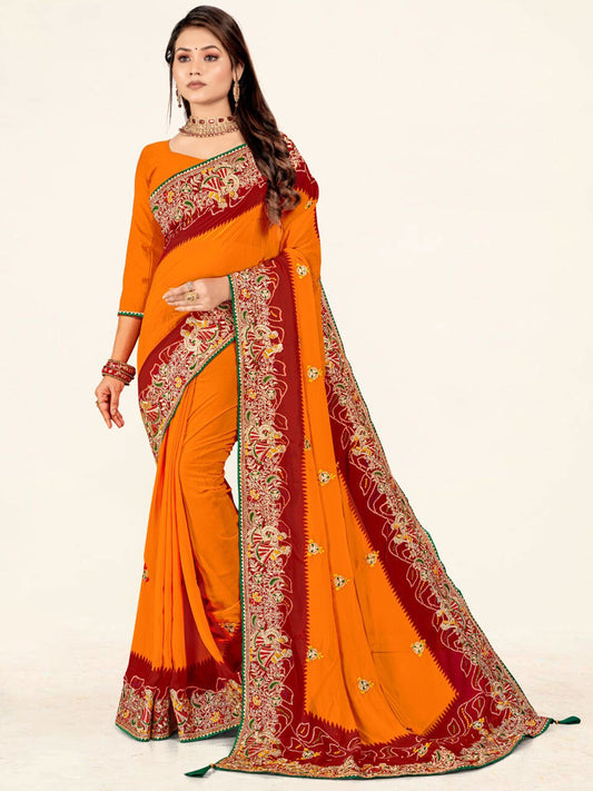 Women's Georgette Bandhani Saree With Unstitched Blouse Piece