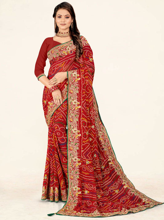 Women's Georgette Bandhani Saree With Unstitched Blouse Piece