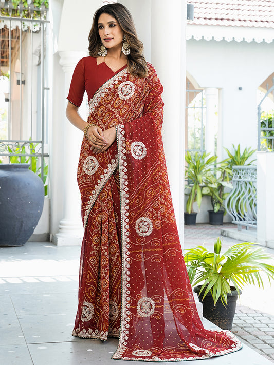 Women's Georgette Bandhani Saree With Unstitched Blouse Piece