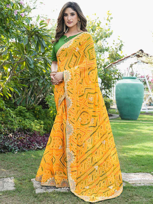Women's Georgette Bandhani Saree With Unstitched Blouse Piece