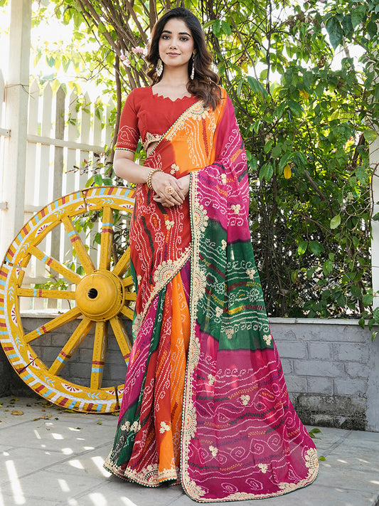Women's Georgette Bandhani Saree With Unstitched Blouse Piece