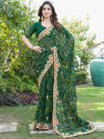 Women's Georgette Bandhani Saree With Unstitched Blouse Piece