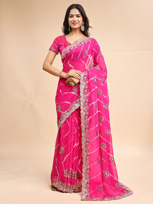 Women's Georgette Leheriya Saree With Unstitched Blouse Piece