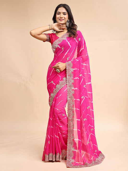 Women's Georgette Leheriya Saree With Unstitched Blouse Piece