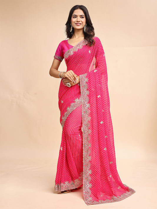 Women's Georgette Leheriya Saree With Unstitched Blouse Piece