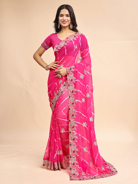 Women's Georgette Leheriya Saree With Unstitched Blouse Piece
