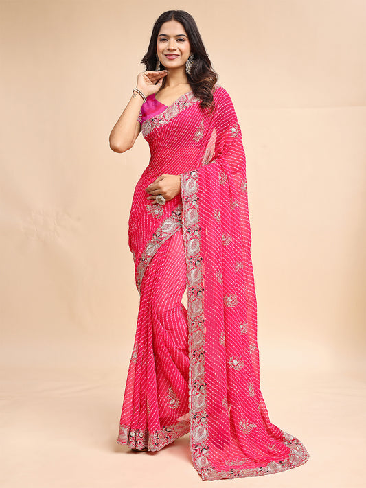 Women's Georgette Leheriya Saree With Unstitched Blouse Piece