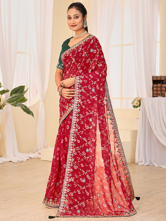 Women's Georgette Bandhani Saree With Unstitched Blouse Piece
