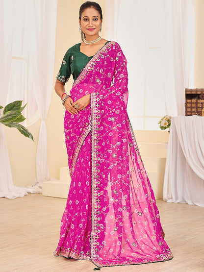 Women's Georgette Bandhani Saree With Unstitched Blouse Piece