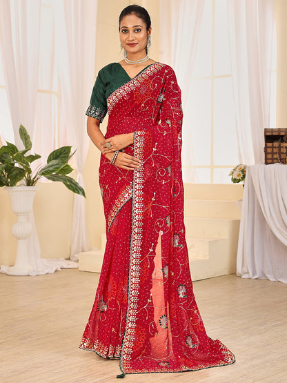 Women's Georgette Bandhani Saree With Unstitched Blouse Piece