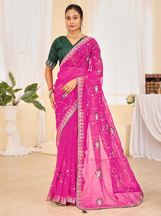 Women's Georgette Bandhani Saree With Unstitched Blouse Piece