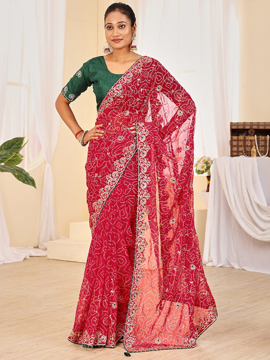 Women's Georgette Bandhani Saree With Unstitched Blouse Piece