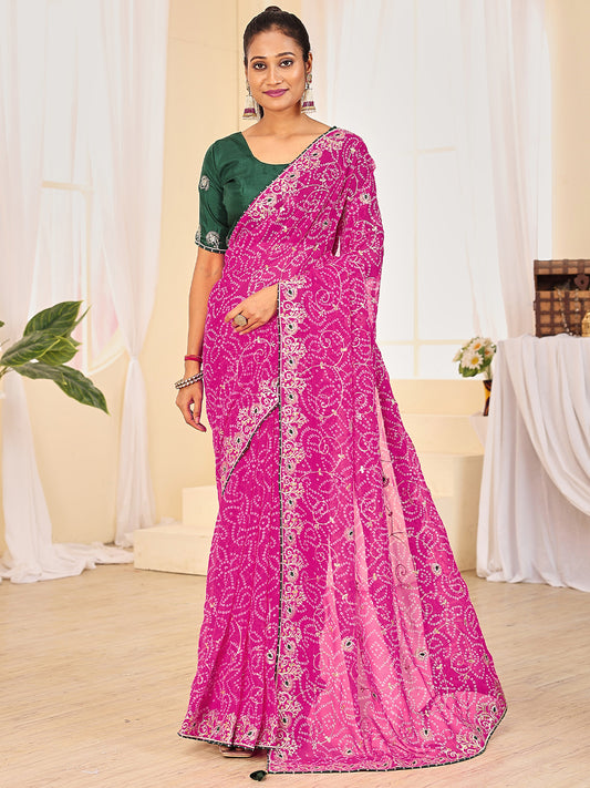 Women's Georgette Bandhani Saree With Unstitched Blouse Piece