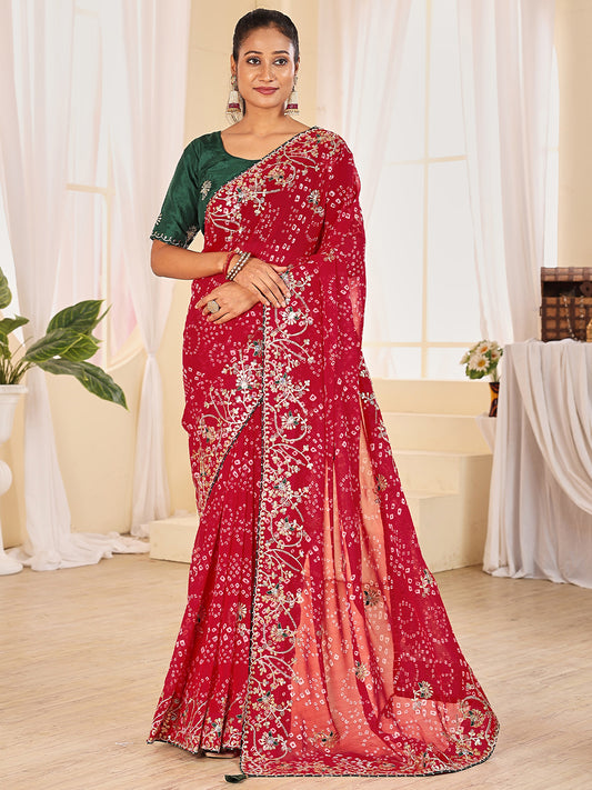 Women's Georgette Bandhani Saree With Unstitched Blouse Piece