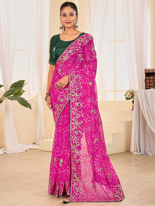 Women's Georgette Bandhani Saree With Unstitched Blouse Piece