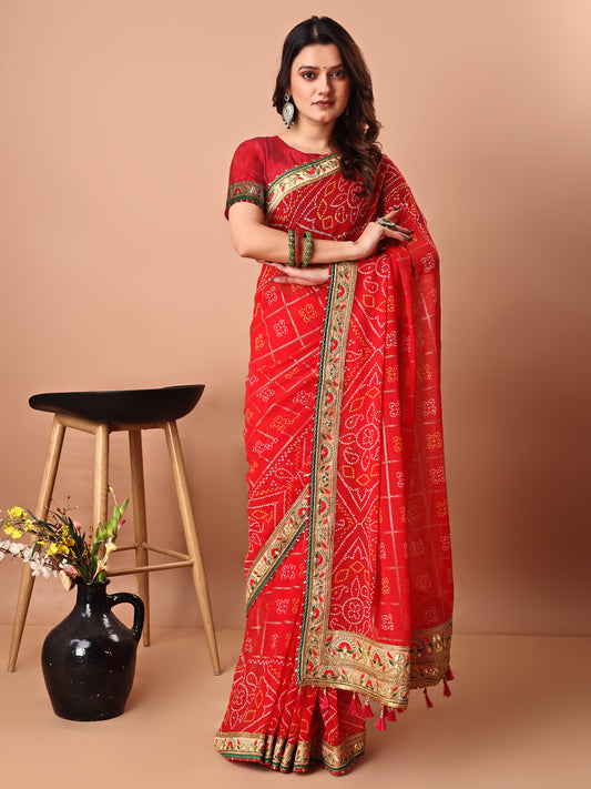 Women's Georgette Bandhani Saree With Unstitched Blouse Piece