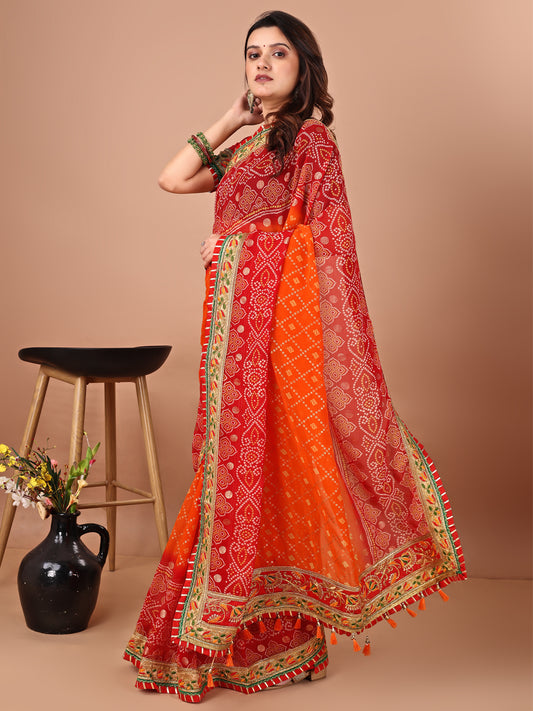 Women's Georgette Bandhani Saree With Unstitched Blouse Piece