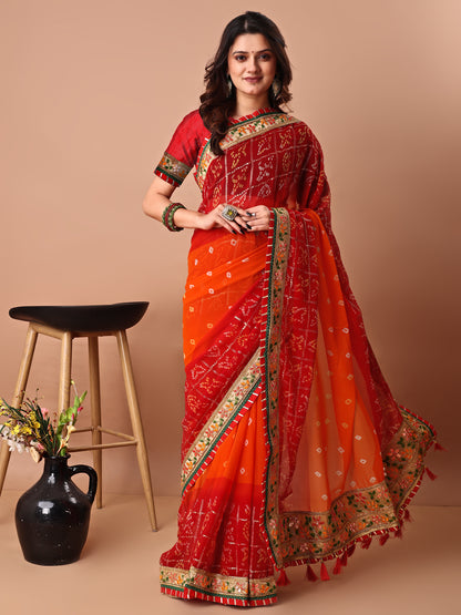 Women's Georgette Bandhani Saree With Unstitched Blouse Piece