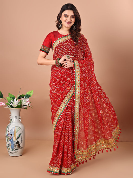 Women's Georgette Bandhani Saree With Unstitched Blouse Piece