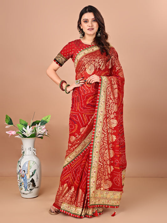 Women's Georgette Bandhani Saree With Unstitched Blouse Piece