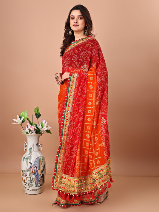 Women's Georgette Bandhani Saree With Unstitched Blouse Piece