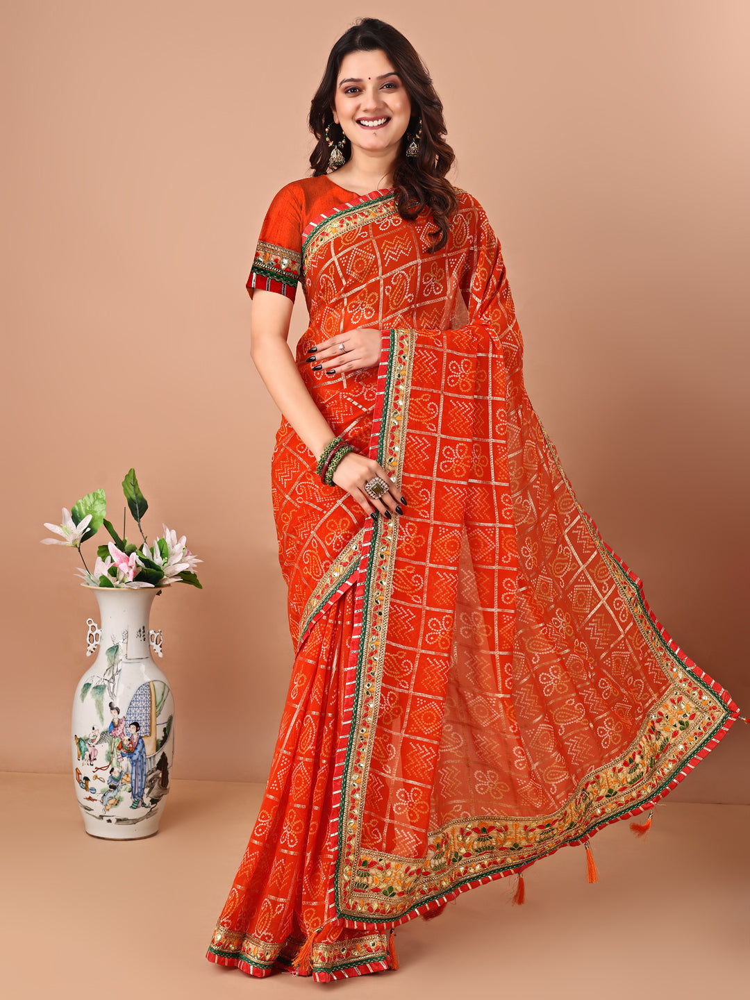 Women's Georgette Bandhani Saree With Unstitched Blouse Piece