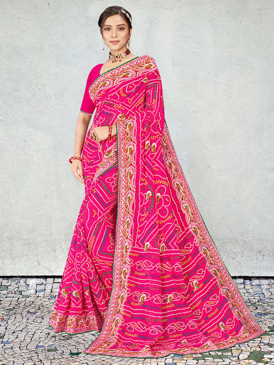 Women's Georgette Bandhani Saree With Unstitched Blouse Piece