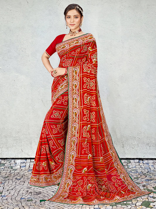 Women's Georgette Bandhani Saree With Unstitched Blouse Piece