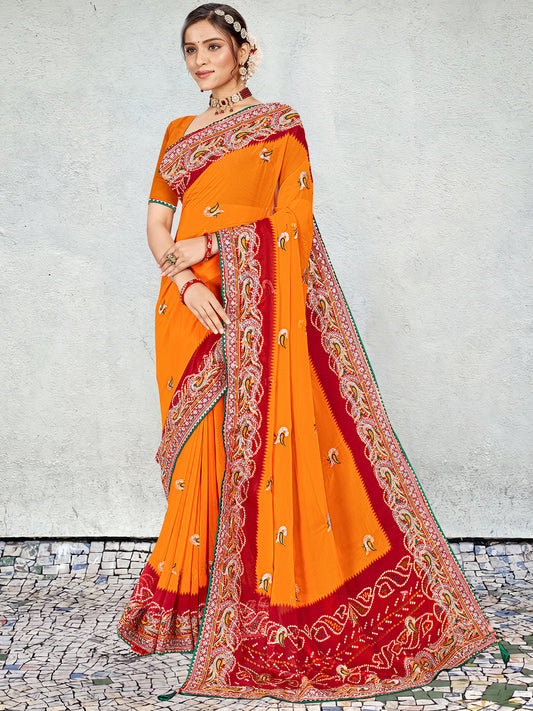 Women's Georgette Bandhani Saree With Unstitched Blouse Piece