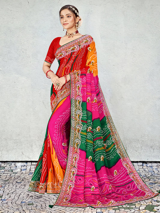 Women's Georgette Bandhani Saree With Unstitched Blouse Piece
