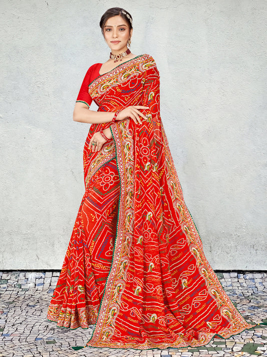 Women's Georgette Bandhani Saree With Unstitched Blouse Piece